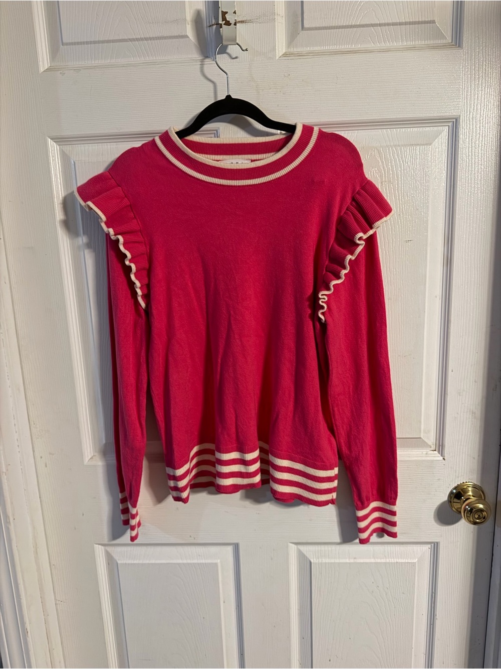 THML Hot Pink Ruffle-Trim Crewneck Sweater with Cream Stripes